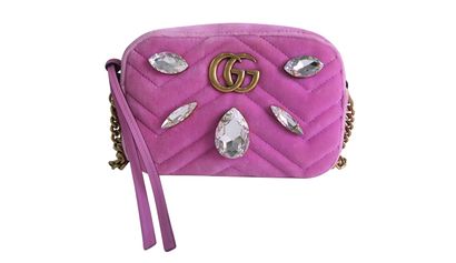 Mini GG Marmont Camera, &pound;525, Handbags, Pink, Velvet, Front view